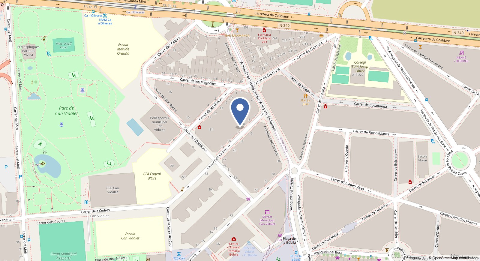 Mapa de la calle Cedros, 12, en Esplugues de Llobregat, con la ubicación del Centro Podológico Uribe